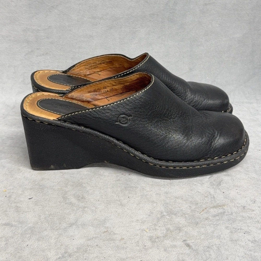 Born Shoes Womens Size 10 42 Black Leather Wedge Mules Slip On Comfort Casual - Picture 2 of 12